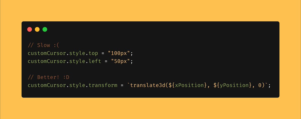 LyncMeHub's tweet photo. #LyncTip Improve custom cursor performance by using translate3d
#Javascript #tip #dev #HTML5 

More? @LyncMeHub https://t.co/DCaLeeGqJF