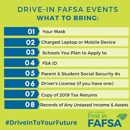 NCFirstInFAFSA's tweet photo. NORTH CAROLINA SENIORS: TOMORROW from 10am-2pm, head over to @cccti. Remember to bring the items below and masked volunteers will help answer all your FAFSA questions through the safety of your car window! #DriveInToYourFuture #NCFirstInFAFSA https://t.co/r1C1sr9Wvv https://t.co/F5DKhTKfIk