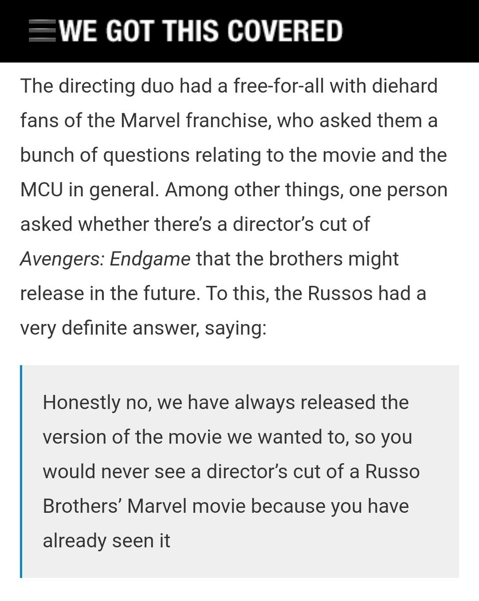 The Russos specifically stated on a Reddit AMA that there is not an extended Endgame cut and Marvel is releasing new content every month this year but people are still out here putting up buildboards for Tony Stark & demanding a Russo Cut. It's time for us all to take a time out.