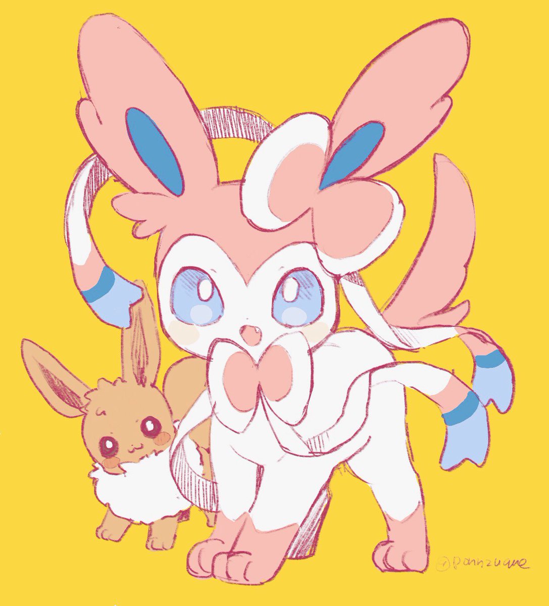 eevee ,sylveon pokemon (creature) no humans open mouth smile yellow background fang blue eyes  illustration images