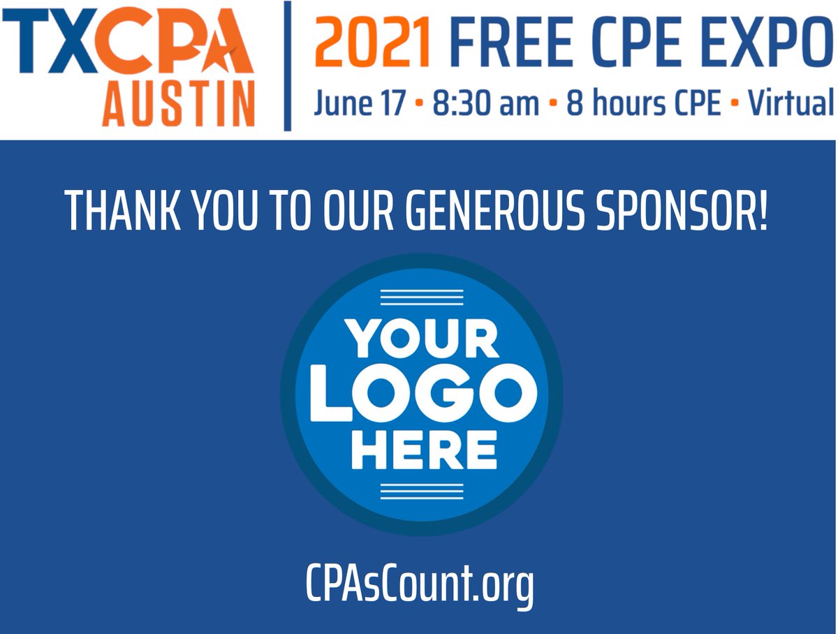 <a href="/TXCPAAustin/">TXCPA Austin</a> members always look forward to the 8-hour FREE CPE Expo (reg opens 4/26) as a thank you for their membership. This year's event is on 6/17 and we hope to partner with great sponsors. For more info, please visit forms.gle/ertVJrqnVZbQEU…. 
#CPAsCount #CPE #Sponsors