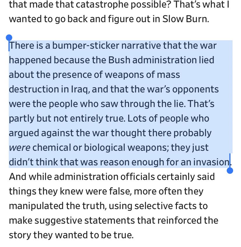 That the debate was limited to those who argued Iraq had WMD and liberals who accepted he had WMD but thought the war was bad on technical grounds isn’t evidence of a grand consensus its evidence of textbook Chomskyan limiting of debate by US media. FAIR noted this at the time