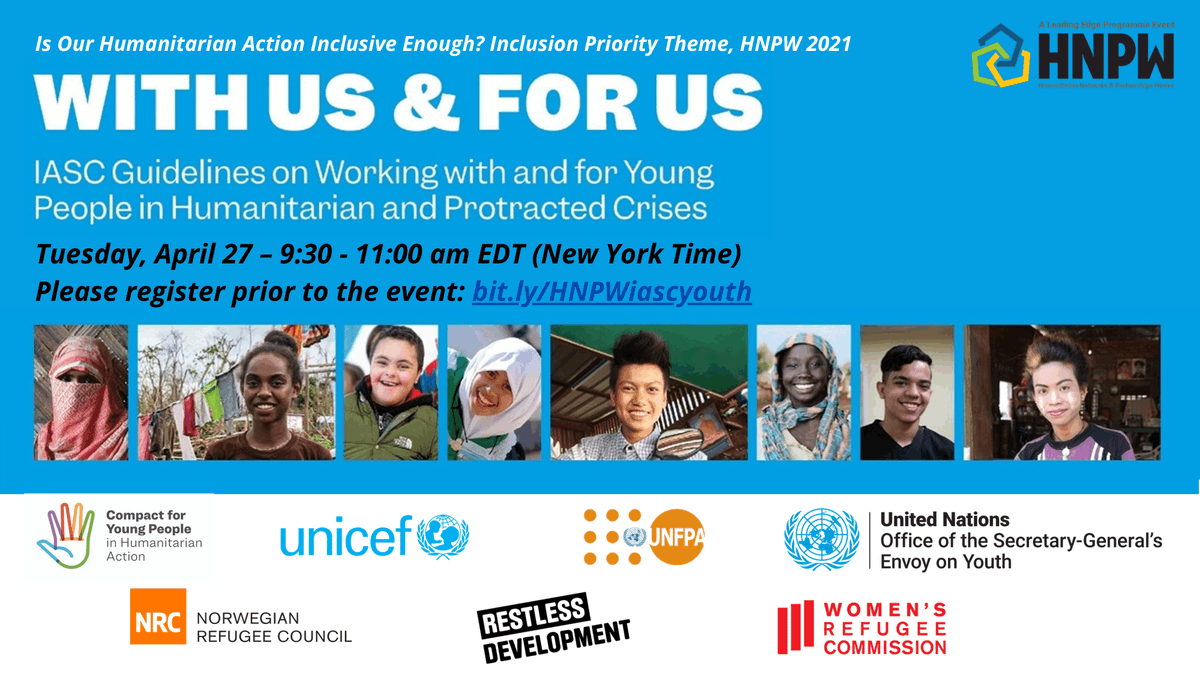 UNYouthAffairs's tweet photo. ✨ Tomorrow, join @LEP_HNPW &amp; @iascch to learn more about the challenges young people face working in humanitarian efforts &amp; how we can be more inclusive 🤝
 
⏰ 9:30 am EDT
📅 Tues, 27 April
 
Register now 👉 https://t.co/1Eib2Y5JPY

#YouthCompact https://t.co/Y9PmIbQ17H