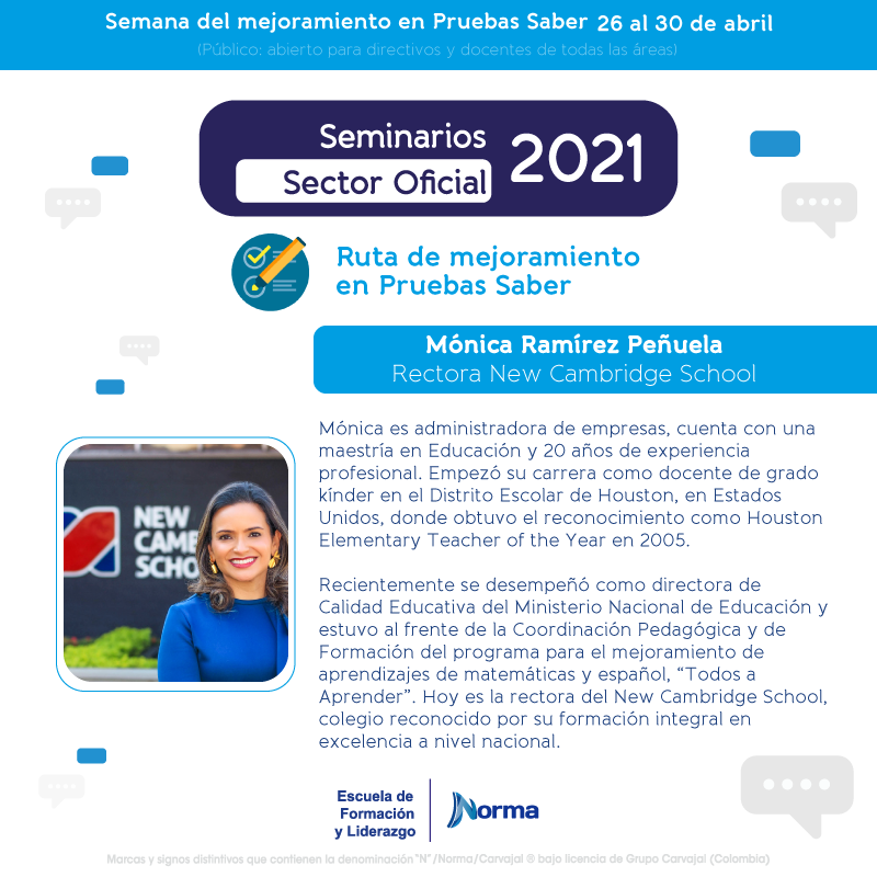 NormaEdiciones's tweet photo. ¿Ya se registraron en nuestros #SeminariosNorma 2021 para el sector oficial? Los invitamos a conocer el perfil de Mónica Ramírez Peñuela, la destacada primera dinamizadora. 🙋‍♀️

Inscripciones: https://t.co/d0LV8KQZyx 

🎊📚📱🎉 #EscuelaDeFormaciónNorma #NuevaNORMAlidad 🎉📱📚🎊 https://t.co/AW0ut94aEj