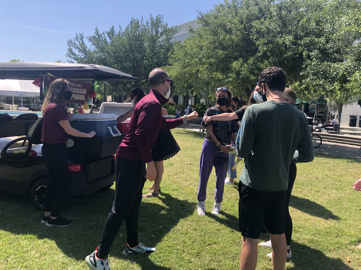 Ice Cream Express! <a href="/patkelsey/">Pat Kelsey</a> hit campus with <a href="/CofCHsu/">Andrew T. Hsu</a> this afternoon to hand out ice cream to students. The season may be months away but Coach is hyping up Cougar Nation for <a href="/CofCBasketball/">Charleston Basketball</a> already! #OurCity #comeCus