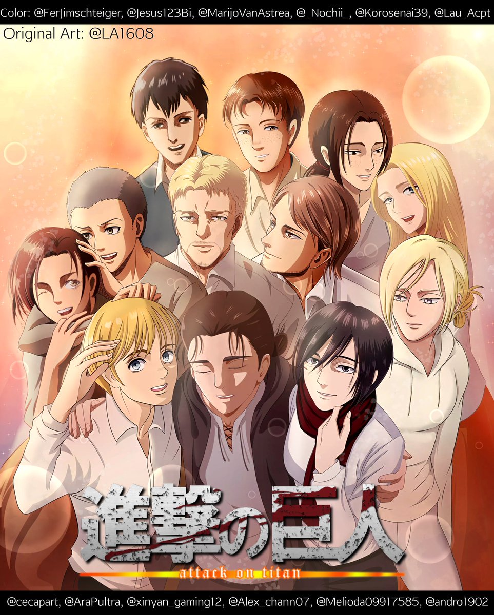 MarijoVanAstrea's tweet photo. A Color from an original illustration @LA1608 in collab:
Eren:@jimschteiger
Armin:@Jesus123Bi
Mikasa: me
Sasha:@_Nochii_
Connie:@Korosenai39
Reiner:@Lau_Acpt
Jean:@cecapart
Historia:@PultraArte
Annie:@xinyan_gaming12
Ymir:@Alex_chann07
Marco:@Melioda09917585
Berthold:@andro1902 https://t.co/vJypfNhNvV