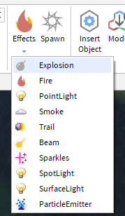 The effects menu is another "semantics over form" approach to creating objects, love it. As a user I want to create an Explosion or a Beam, not a particle system. (I can't actually get any of those to work though but it's the intent that matters)
