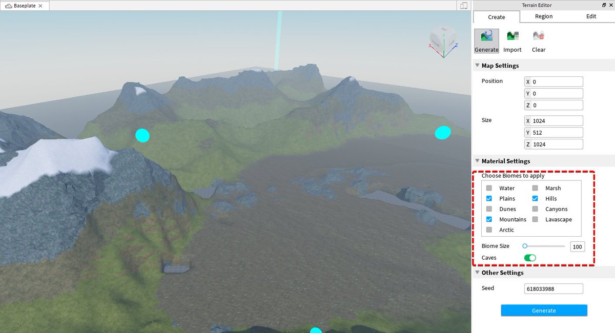 and a "default" terrain offers options to generate by biome (again: semantic), with a lovely checkbox for "Caves", and spits a texture mapped / noise generated starting point that's actually decent.
