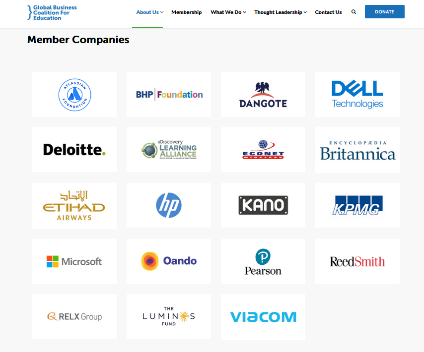 Global Business Coalition for  #Education founding members & companies include  #Microsoft,  #McKinsey,  #Deloitte,  #Accenture,  #Chevron:   https://gbc-education.org/member-companies/Advisory Board includes Laurene Powell Jobs & Ngozi Okonjo-Iweala, Dir. Gen,  #WTO:  https://gbc-education.org/our-board/# 