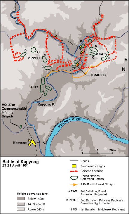 On 22 April 1951, the Chinese launched their spring offensive, routing the South Korean 6th Division and driving them back down the Kapyong Valley. The 27th Commonwealth Brigade advanced forward of the town of Kapyong.