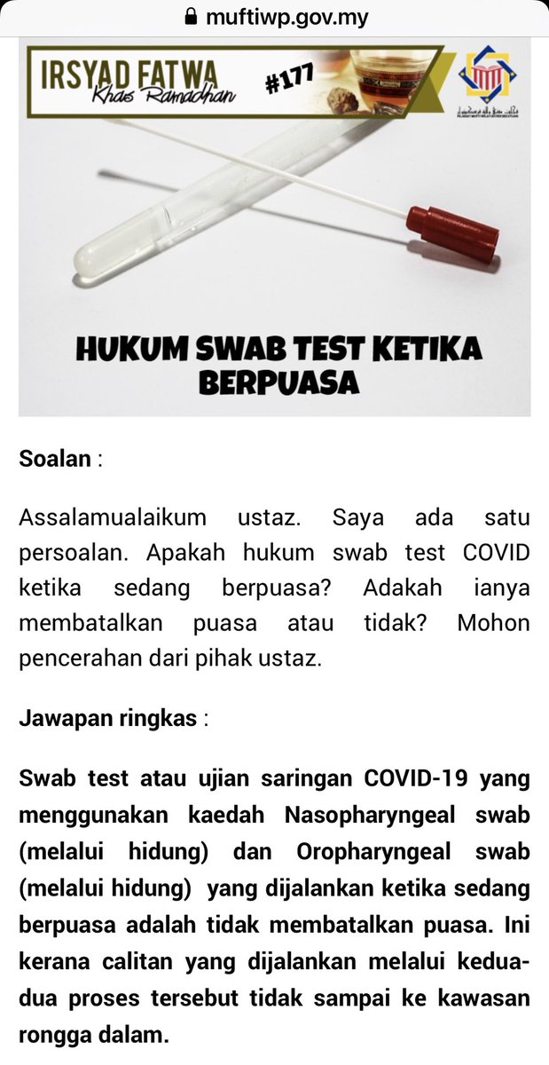 Pejabat Mufti Wilayah Persekutuan Irsyad Fatwa Khas Ramadhan Siri Ke 177 Hukum Swab Test Ketika Sedang Berpuasa