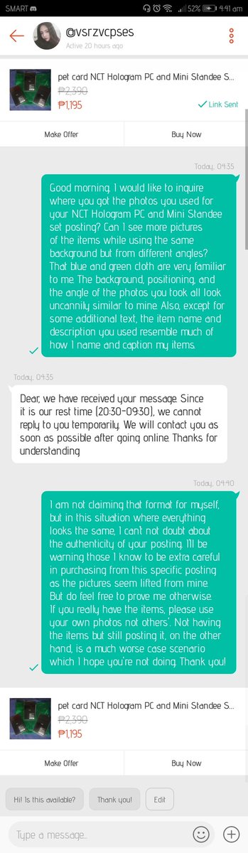 Already messaged the seller about mo concerns about him/her/them using my photos. (5/n)
