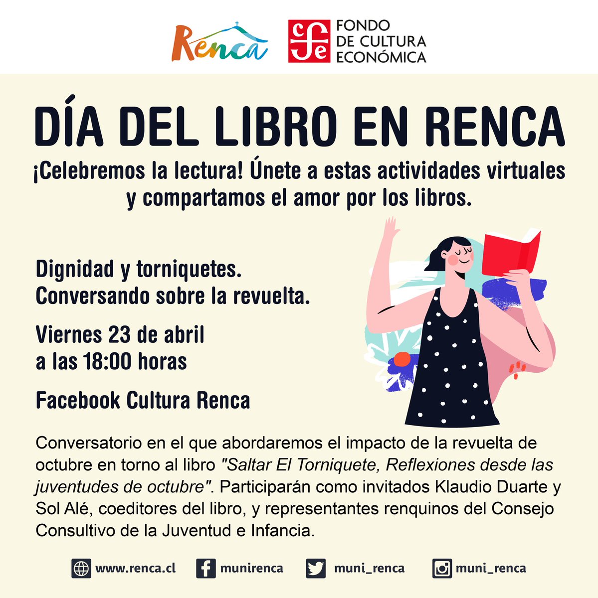 [AHORA] a las 18:00 horas no te pierdas “Dignidad Y torniquetes”, donde conversaremos sobre el impacto de la revuelta de octubre, compartiendo experiencias e impresiones. #FacebookLive <a href="/Muni_Renca/">Municipalidad Renca</a>