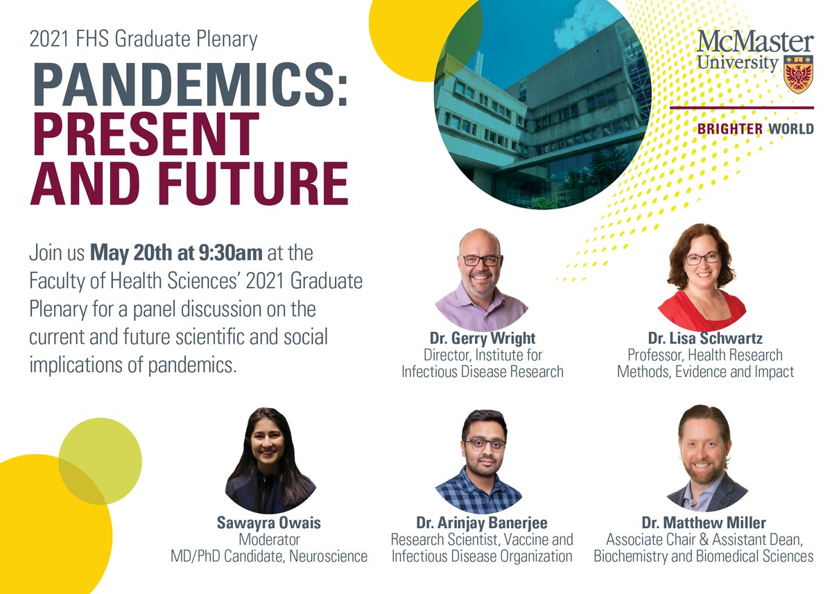 Join us (@gerryiidr <a href="/Millerlab_atMac/">Miller Lab</a> <a href="/seeingaway/">Sawayra Owais 🐋</a> Dr. Schwartz and myself) for a panel discussion on #Pandemics on May 20, 9.30 am EST. 

Registration: hopin.com/events/faculty…

<a href="/machealthsci/">McMaster Health Sciences</a> <a href="/FHS_FacAffairs/">McMaster FHS Faculty Affairs</a> <a href="/VIDOInterVac/">VIDO</a>