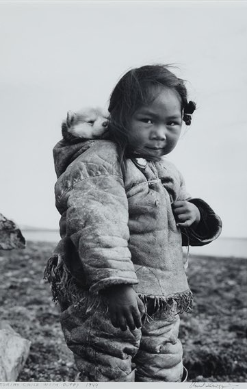 A young Inuit girl with a huskie pup in her bag. Canadian Arctic, 1949. Richard Harrington