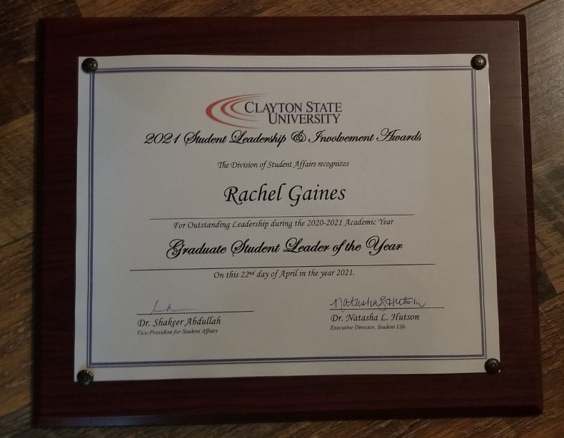 CSU_SHRM's tweet photo. Congratulations Ms. Rachel Gaines, President of CSU SHRM, for being named "Graduate Student Leader of the Year" for the academic year 2020-2021! Ms. Gaines accepted the award at the 2021 Student Leadership &amp; Involvement Awards ceremony hosted by the Division of Student Affairs. https://t.co/TNiyFdw8pD