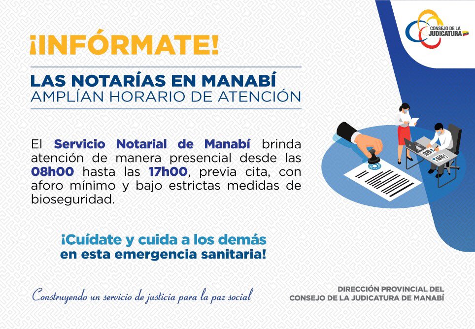 ManabiCJ's tweet photo. Las notarías en @ManabiCJ amplían el horario de atención, desde las 8:00 hasta las 17:00, de manera restringida, 📞 bajo la modalidad de previa cita, implementando medidas de bioseguridad para precautelar la vida y salud de servidores y usuarios. https://t.co/4ZBkj5FT3G
