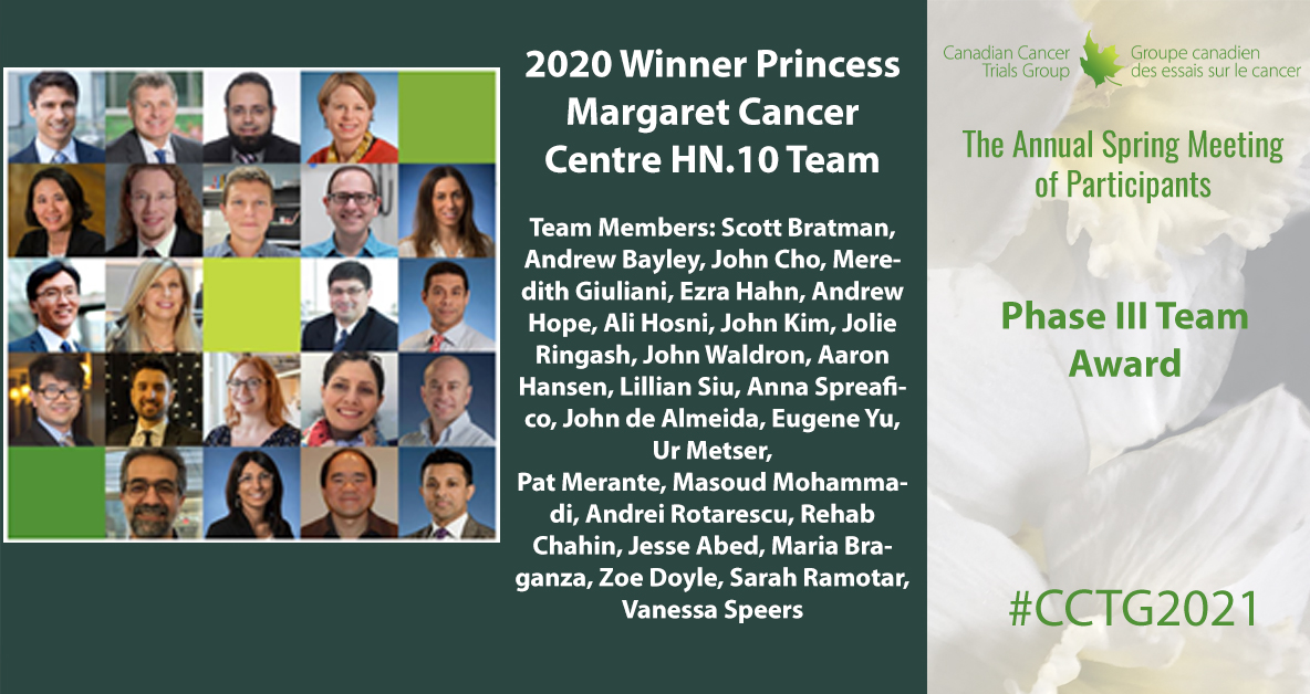 CCTG (@cdncancertrials) on Twitter photo Phase III Team Award
Teams from member centres acknowledged for their efforts and dedication to the success of #CCTG clinical trials.
2020 Winner - Princess Margaret Cancer Centre HN.10 Team <a href="/pmcancercentre/">Princess Margaret Cancer Centre</a> #CCTG2021 Phase III Team Award
Teams from member centres acknowledged for their efforts and dedication to the success of #CCTG clinical trials.
2020 Winner - Princess Margaret Cancer Centre HN.10 Team <a href="/pmcancercentre/">Princess Margaret Cancer Centre</a> #CCTG2021