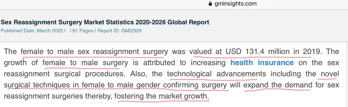 FTM was with $131.4 million in 2019. Again check the language “gender affirming surgery” & “fostering market growth”. This is how these sociopaths are taking about our confused kids who have been indoctrinated to believe in  #BornInTheWrongBody
