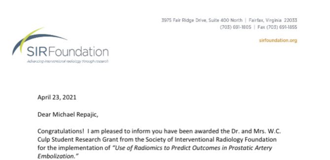 Michael Repajic (@michaeljrepajic) on Twitter photo It’s an honor to receive the <a href="/SIRspecialists/">Society of Interventional Radiology</a> Culp Research Grant! Excited to work with <a href="/USCRadiomics/">USC Radiomics Lab</a> to determine how #radiomics can assist in planning prostatic artery embolization. <a href="/TherealDoctorJ/">Jenanan Vairavamurthy, MD</a> <a href="/rkryu/">RK RYU</a> <a href="/MVictoriaMarxMD/">M Victoria Marx, MD</a> <a href="/USC_IR/">USC IR</a> <a href="/RadiologyUSC/">Radiology of USC</a> <a href="/stuschroff/">Stuart Schroff, MD</a> #TwittIR #irad It’s an honor to receive the <a href="/SIRspecialists/">Society of Interventional Radiology</a> Culp Research Grant! Excited to work with <a href="/USCRadiomics/">USC Radiomics Lab</a> to determine how #radiomics can assist in planning prostatic artery embolization. <a href="/TherealDoctorJ/">Jenanan Vairavamurthy, MD</a> <a href="/rkryu/">RK RYU</a> <a href="/MVictoriaMarxMD/">M Victoria Marx, MD</a> <a href="/USC_IR/">USC IR</a> <a href="/RadiologyUSC/">Radiology of USC</a> <a href="/stuschroff/">Stuart Schroff, MD</a> #TwittIR #irad