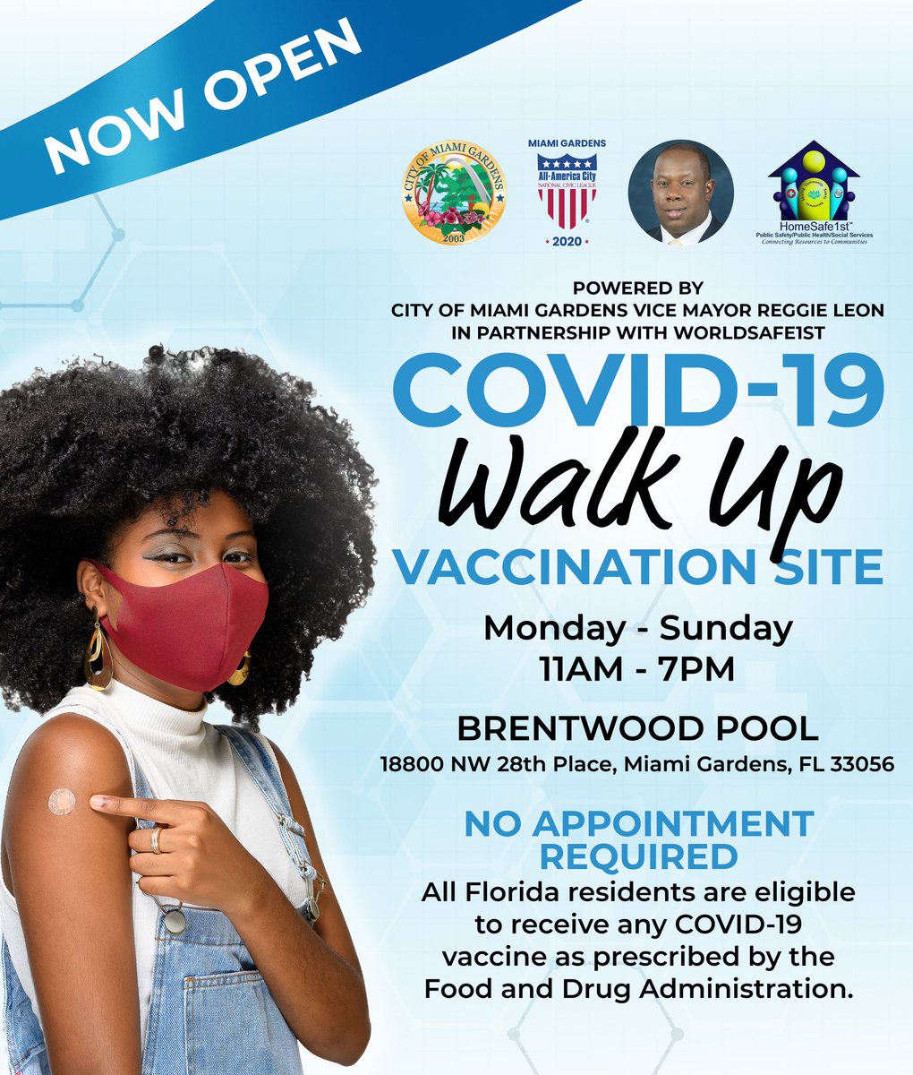 ICYMI: Miami Gardens is offering #COVID-19 vaccines--no appointment necessary and all Florida residents are eligible!