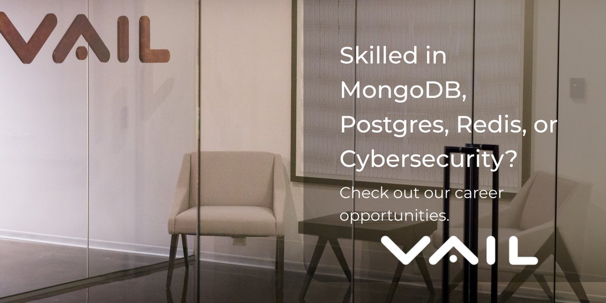 Vail Systems, Inc. (@vailsystems) on Twitter photo We're looking for engineers who specialize in MongoDB, Postgres, Redis, and Cybersecurity for our recently added opportunities. Check out our careers below for more information.
#SoftwareEngineer #Hiring #MongoDB #Postgres #Redis #CyberSecurity 
vailsys.com/about/careers/ We're looking for engineers who specialize in MongoDB, Postgres, Redis, and Cybersecurity for our recently added opportunities. Check out our careers below for more information.
#SoftwareEngineer #Hiring #MongoDB #Postgres #Redis #CyberSecurity 
vailsys.com/about/careers/