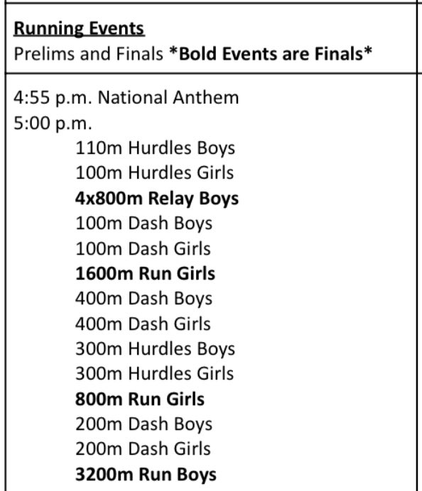 Our Lions are competing at the Nighthawk Invitational today and tomorrow. Field events start this afternoon at 3:00 with girls’ javelin. Schedule for today is included.