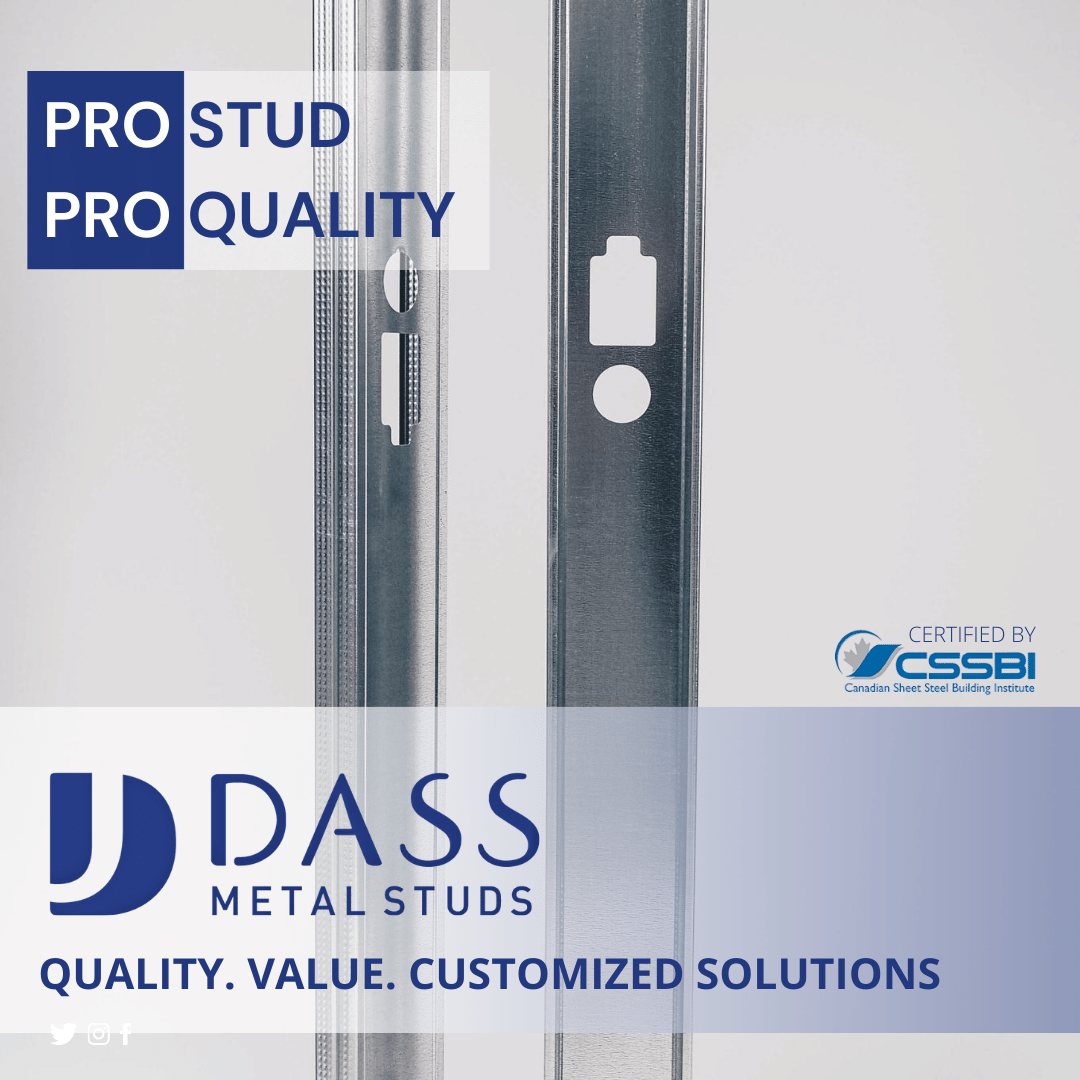 Dass Metal Studs and Tracks are CSSBI Certified.
Want to become a distributor?
Call us at 905-677-0456 or email us at sales@dassmetal.com
#dassmetal #dassprostud #steelstuds #steelframing #canadianconstruction #metaltracks #structuralframing #steelframing #canadiansteel