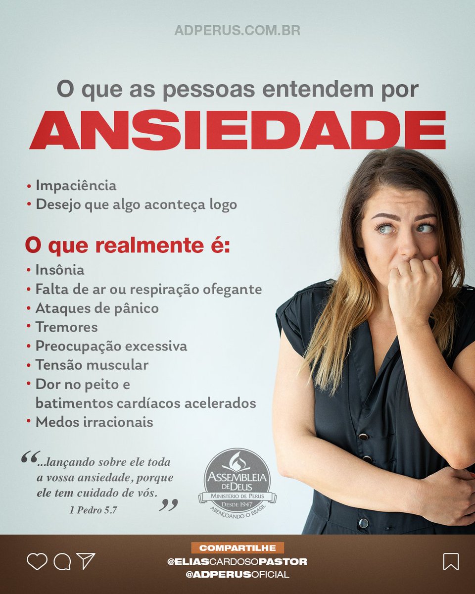 adperusoficial's tweet photo. O que as pessoas entendem por ansiedade e o que realmente é!
Medite!
"...lançando sobre ele toda a vossa ansiedade, porque ele tem cuidado de vós."
#adperus #ansiedade #biblia #medite https://t.co/hJ4WCXSBJy
