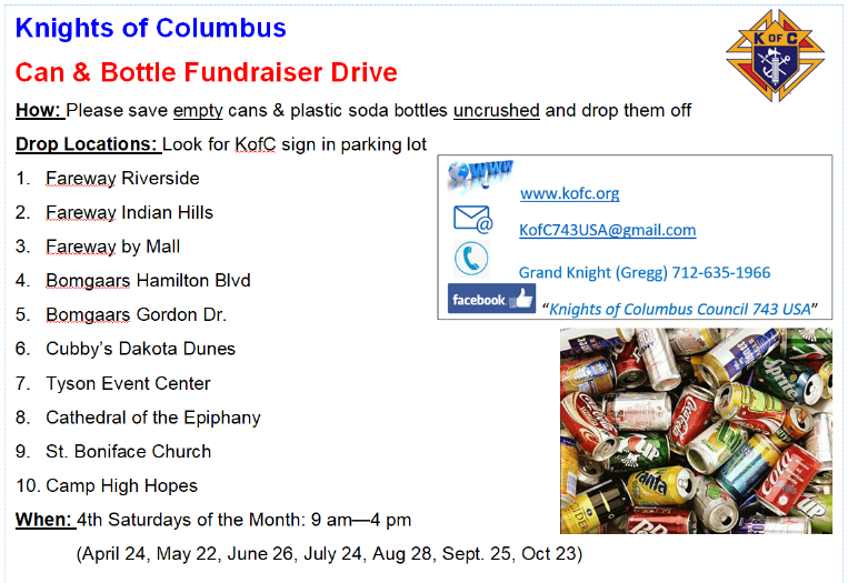 Don't forget! Cans for Camp tomorrow! You can drop them off at camp or any of the other locations! We want all aluminum pop cans and pop bottles with the $.05 redemption! An easy way to support Camp High Hopes!