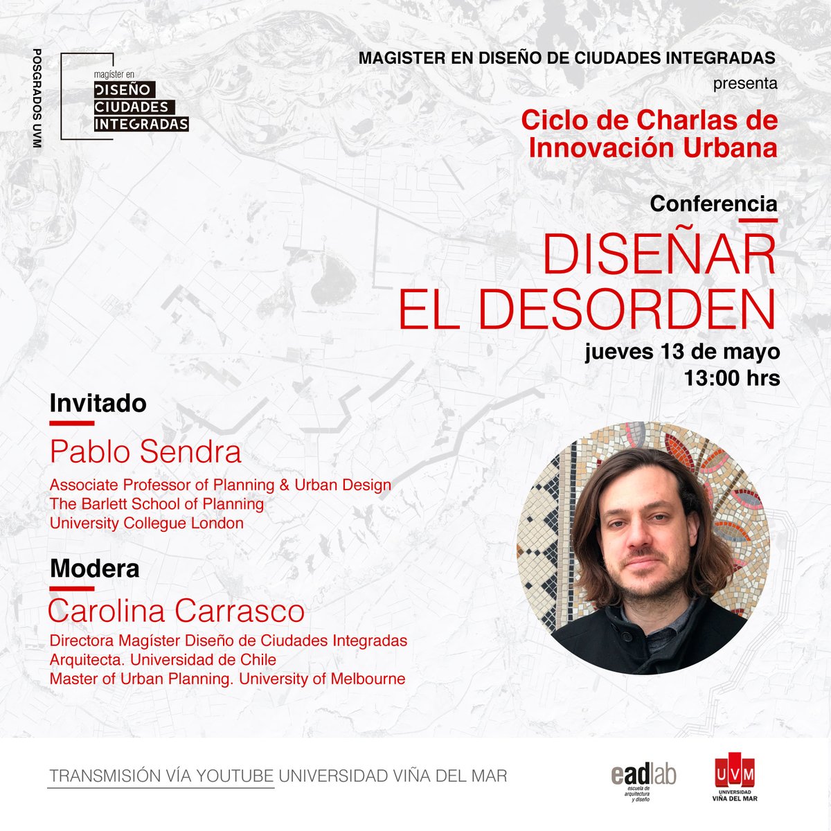Iniciamos nuestra segunda edición del <a href="/MDCI5/">Magíster en Diseño de Ciudades Integradas UVM</a> con este Ciclo de Charlas de #InnovacionUrbana 

Conversaremos con <a href="/pablo_sendra/">Pablo Sendra</a> de @BartlettUCL sobre su libro 'Diseñar el Desorden: Experimentos y Disrupciones en la Ciudad'

Regístrate acá: forms.gle/wFgBfiUBAWe2Mg…