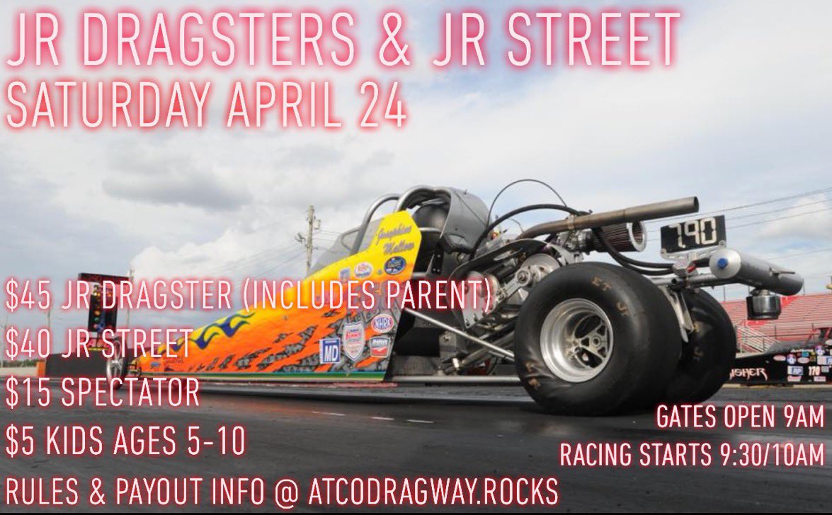 TheAtcoDragway's tweet photo. Gates open 9am Sat. April 24 for #JrDragsters #JrStreet #Sportsman #Pro & #SuperPro! Spectators $15, Kids Ages 5-10 $5! Racing for ALL classes starts 9:30/10am & should go until 5-7pm! https://t.co/icPmPnWaxr