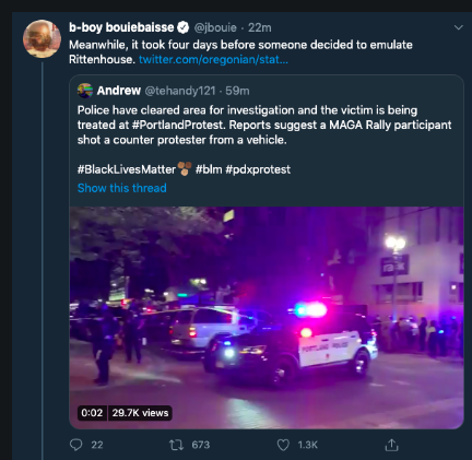 Here's his tweet last year falsely claiming that Michael Reinoehl, the antifa guy who murdered a pro-Trump supporter in Portland, was some type of conservative "emulating Kyle Rittenhouse"