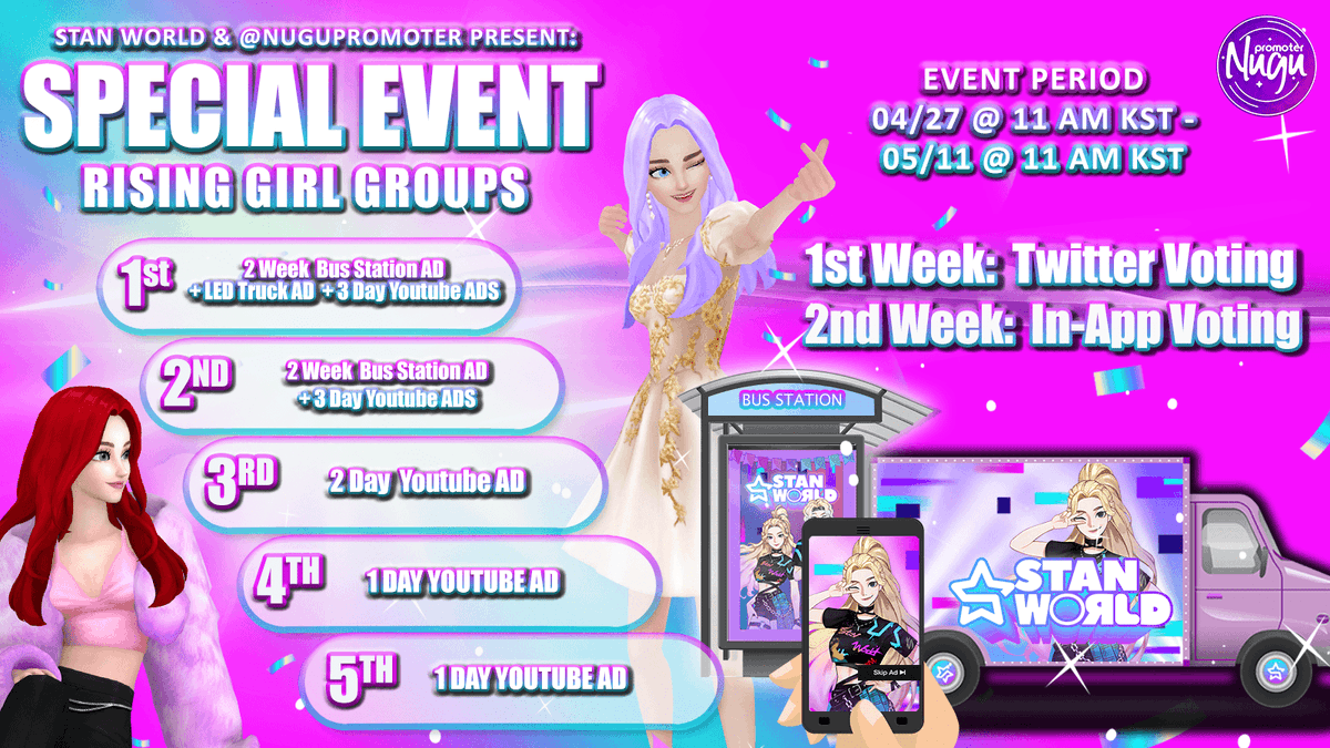 stanworld_twt's tweet photo. Hey Stanners! Our Special Event with @NUGUPROMOTER is starting soon! 😍

Please remember that this event is to shine a light on all of the newer Girl Groups with small fandoms! 

We super excited for this one and can't wait to celebrate these rising stars! https://t.co/XxfcSFgBnX