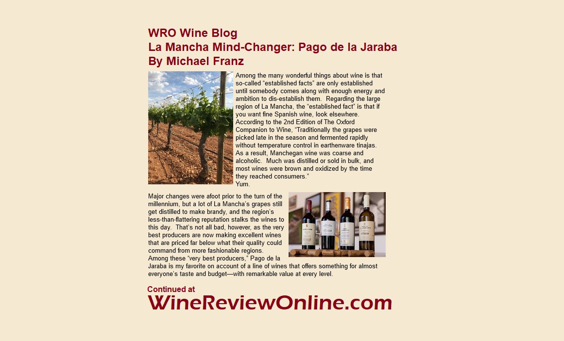 WineReviewOnline.com (@winereviewonlin) on Twitter photo La Mancha Mind-Changer: Pago de la Jaraba
by <a href="/Michael_Franz/">Michael Franz</a> on WRO Wine Blog
WineReviewOnline.com/wine_blog.cfm
#LaMancha #Spain #wine <a href="/Finca_La_Jaraba/">Pago de La Jaraba</a> @GrapesOfSpain La Mancha Mind-Changer: Pago de la Jaraba
by <a href="/Michael_Franz/">Michael Franz</a> on WRO Wine Blog
WineReviewOnline.com/wine_blog.cfm
#LaMancha #Spain #wine <a href="/Finca_La_Jaraba/">Pago de La Jaraba</a> @GrapesOfSpain