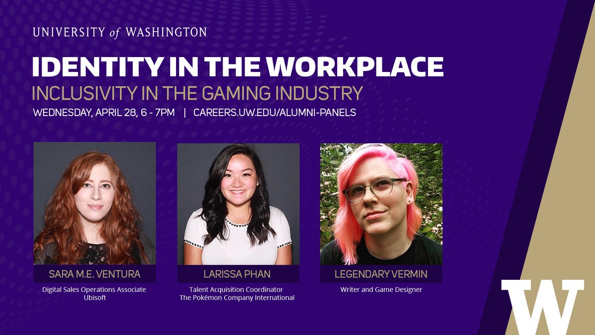 🔗Connect with UW alumni and learn about their personal experience and career pathways in the gaming industry on Wed, Apr 28 from 6-7pm 📅

This event is sponsored by <a href="/UWCareerCtr/">UW Career & Internship Center</a> in partnership with @uofwaesports and <a href="/UWalum/">UW Alumni</a>💜

⬇️Sign up here!⬇️
careers.uw.edu/events/2021/04…