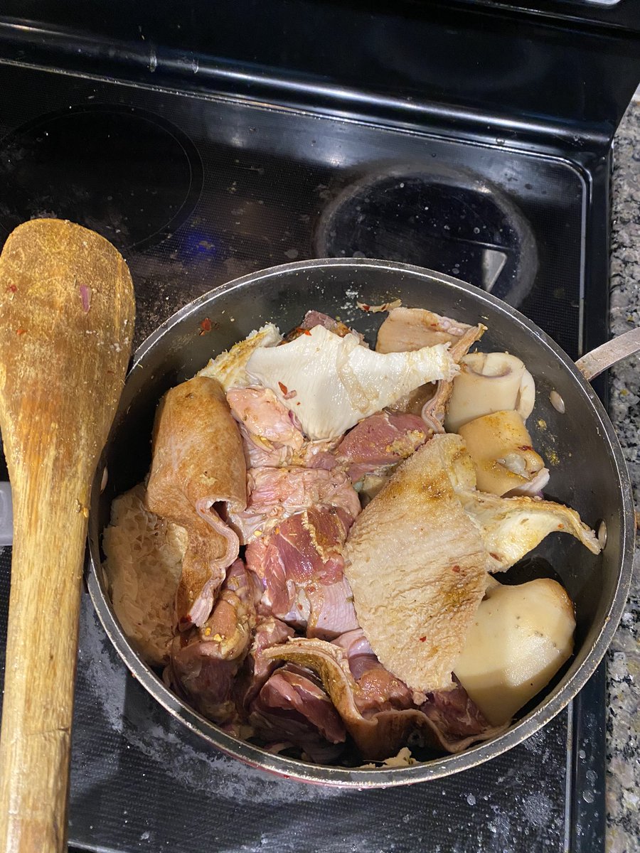 step 1: wash and boil your meat.season with curry, thyme, red pepper, salt, maggi, ginger puree(powder), and garlic powder(you can add others)