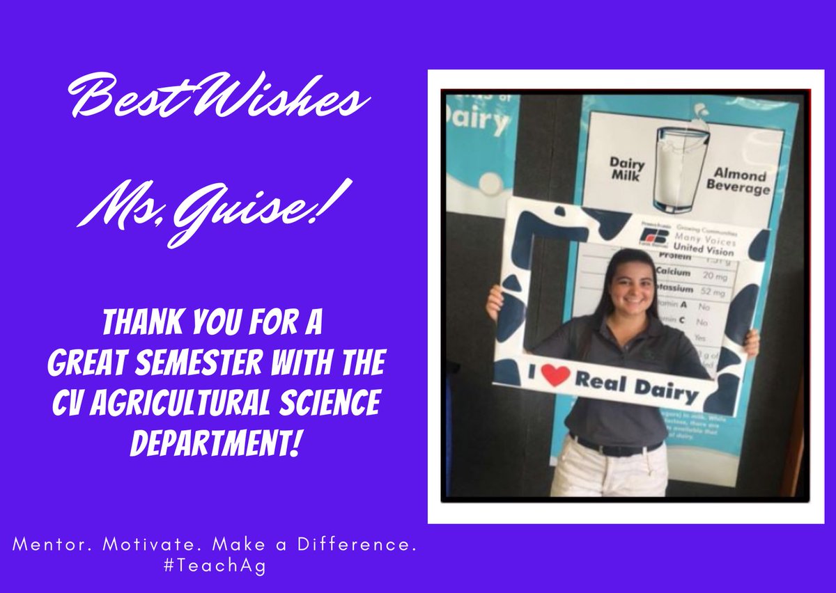 CV_AgSciences's tweet photo. Congratulations to @nrguise for wrapping up her student teaching internship today! We were blessed to have you be a part of our program for the past 15 weeks. Best wishes as you transition into your own program next fall! #CVProud #PSUAgEd21 https://t.co/plAY2N9qNK