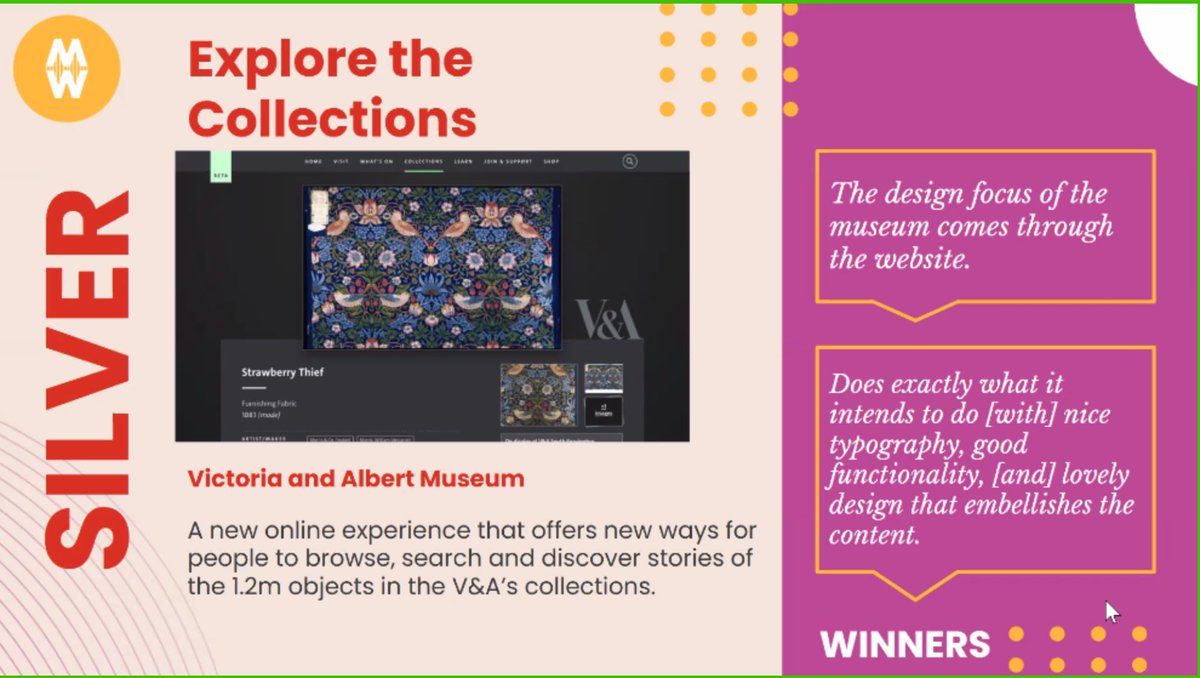Huzzah! Worth staying up late to find out <a href="/V_and_A/">V&A</a>’s won a GLAMi (design category) for Explore the Collections. Immensely proud of the work of the digital team 🎺 🎉🍾 #MW21 <a href="/museweb/">museweb</a>