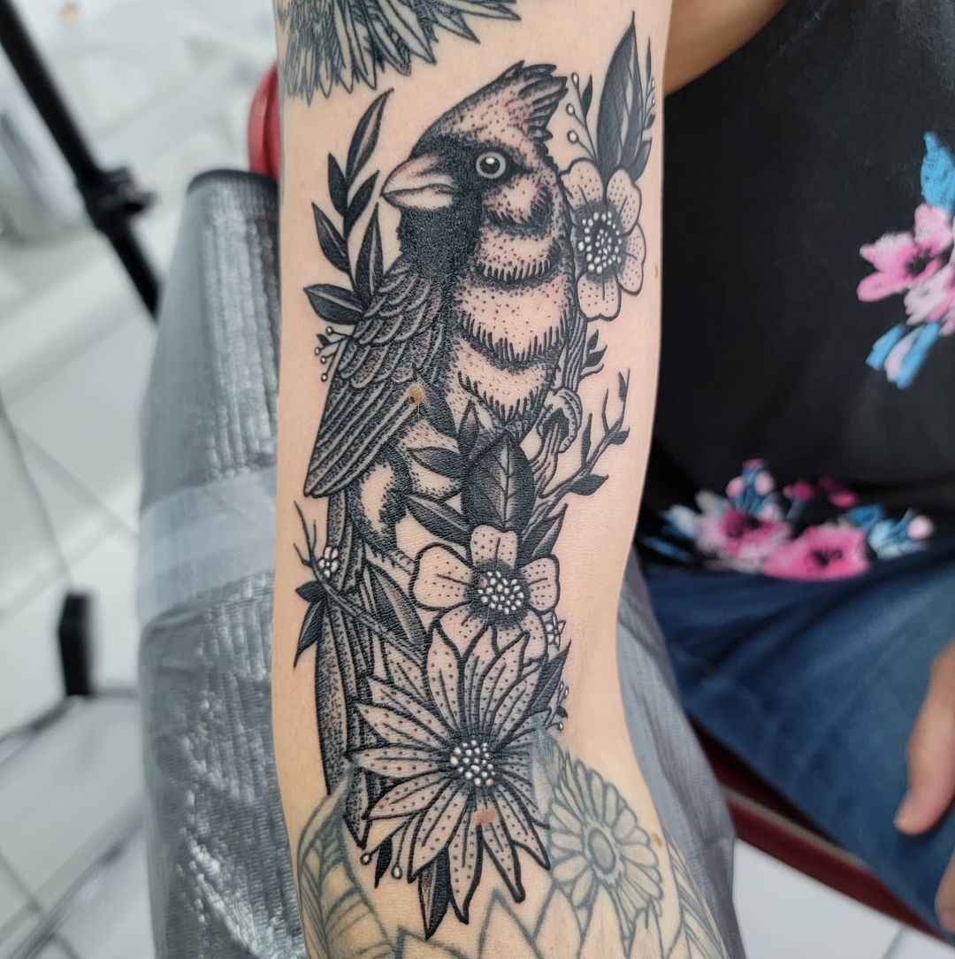 Awesome Flowers And Cardinal Tattoo On Arm