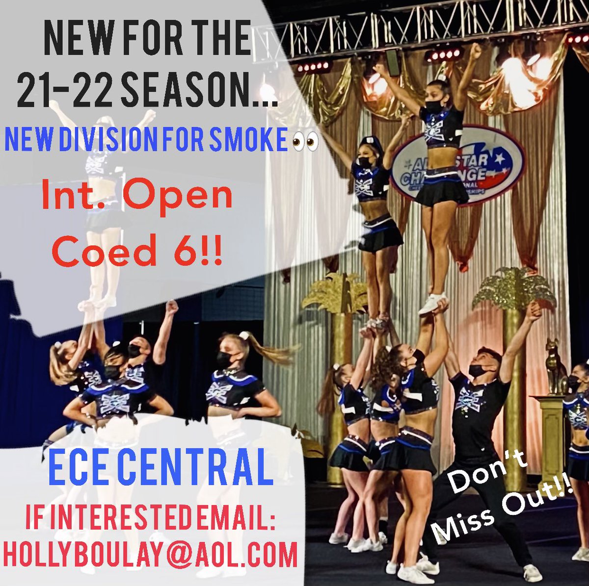 We are so excited to switch things up! SMOKE will be going International Open Coed 6 for the 2021-2022 season! If you’re interested in being part of our CENTRAL family, email hollyboulay@aol.com 🖤💙 #ProudToBeECE #eceCENTRAL #SMOKEshow