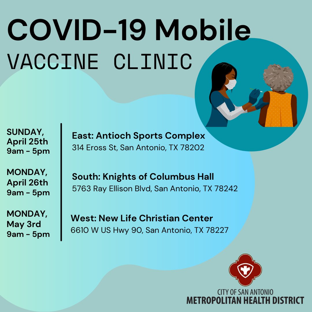 SAMetroHealth's tweet photo. Metro Health is bringing the COVID-19 Pfizer vaccine directly to neighborhoods. Stop by our mobile COVID-19 vaccination clinic on April 25th,  26th or May 3rd from 9 to 5pm. The COVID-19 vaccine is available at no cost to everyone 16 years and older. #DoItForSA https://t.co/uWd4FAqDPS