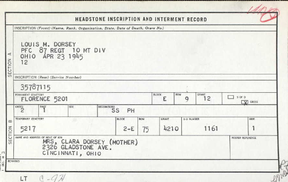 NvrForgetCinci's tweet photo. #WeRemember PFC Louis Dorsey of Gladstone Ave in the East End along the RR. He enlisted in June 1942. He served in the 10th Mountain Division. He was #KIA #OTD 23 April 1945 as they crossed the Po River. He is buried @usabmc Florence Cemetery. #WWII https://t.co/DtuBzI03np