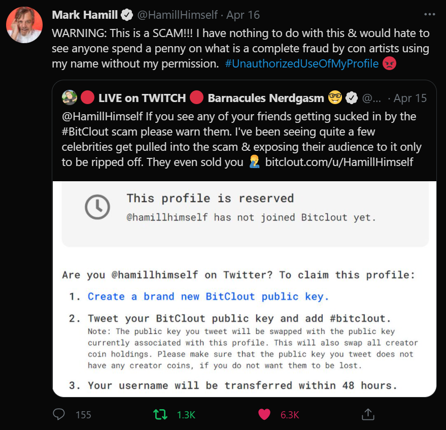 Barnacules's tweet photo. @elonmusk @owensparks @PPathole .@elonmusk You're the TOP CREATOR on @Bitclout_ &amp; they have sold over $6 million of your fake coin for real $btc without your approval. @HamillHimself managed to get himself removed by tweeting about not authorizing them to do this, hopefully you can help stop these scammers 🙏 https://t.co/2mC6emkcdN