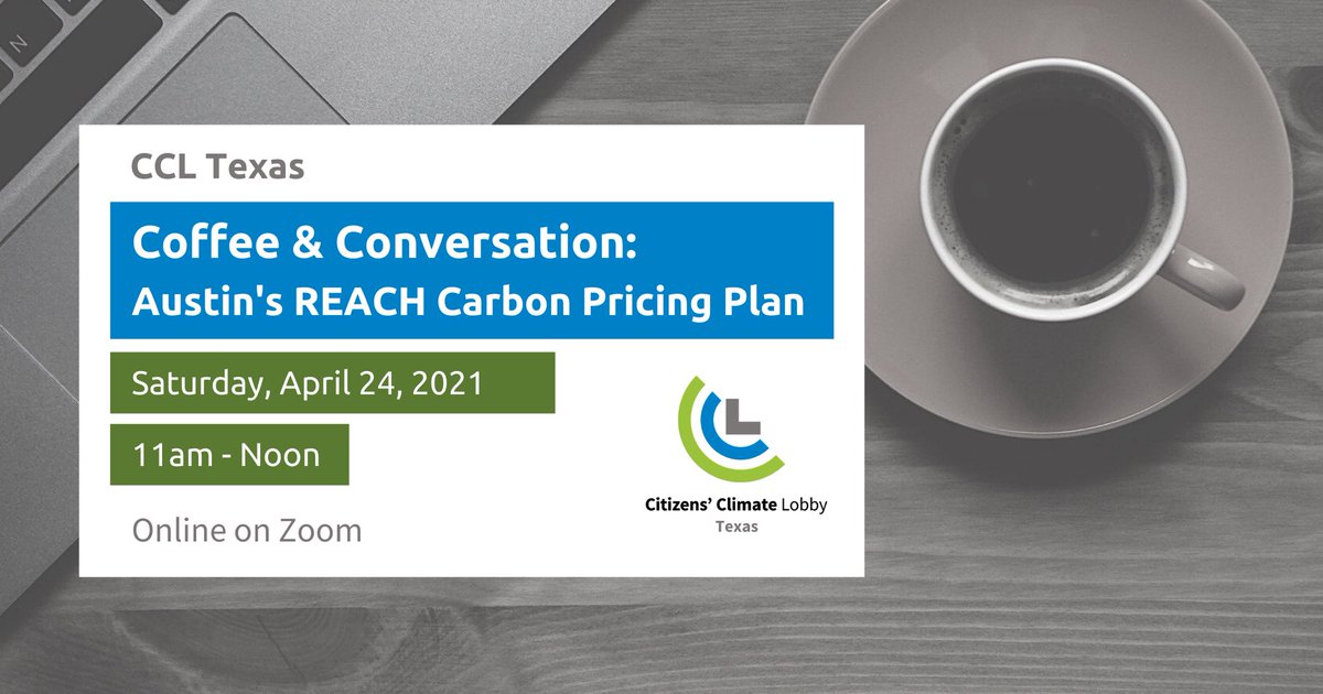 TOMORROW! It’s Coffee &amp; Conversation at 11am

Topic: Austin’s REACH Carbon Pricing Plan

Join Matt Weldon, Commissioner on the Electric Utility Commission, as he discusses carbon pricing at work for the 7th largest public utility and its community. 
RSVP:
eventbrite.com/e/coffee-conve…