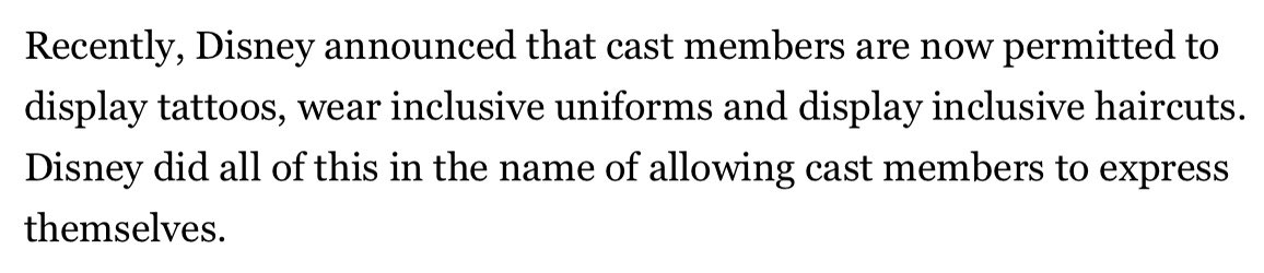 Here’s what Weeble McWeevil is upset about. 1. The human beings who service him while he’s at WDW will not not have to hide tattoos and will be allowed to style their hair how they like and wear uniforms that accommodate their individual needs.