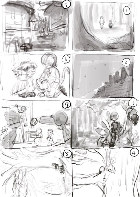 7月のオンリーで出す予定ネップリ案…なに描くか決められない

ラフすぎるので雰囲気しか分からないけど、これがいいとかあればぜひ教えてください
(8は縦長の絵)
※ほんとにどれになるかわかりません そしてラフからめっちゃ変わったらすいません 