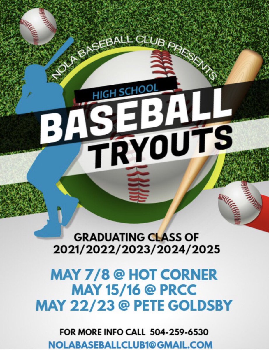NBC Tryout for Spring Season 2021-
Please see all ages on flier-
Contact us:
nbc.tryout@gmail.com or Nolabaseballclub1@gmail.com

Thanks for all the Early Interest-

Several PG Trips*
LSU/University Tennessee/UNO/Nich st/SU/NW ST/SLU/PRCC

 <a href="/Nola_Baseball/">Nola Baseball Club</a> @TheHotCorner0