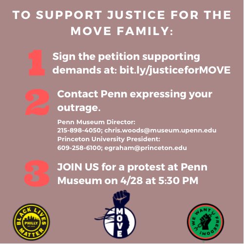 MOVE Children Deserve to Rest in Peace! Join MOVE in rally at Penn Museum demanding repatriation of the remains of Tree and Delisha Africa and reparations.Sign onto MOVE demands  http://bit.ly/justiceforMOVE  RSVP for rally  https://fb.me/e/4YsKJRSZm Share everywhere!