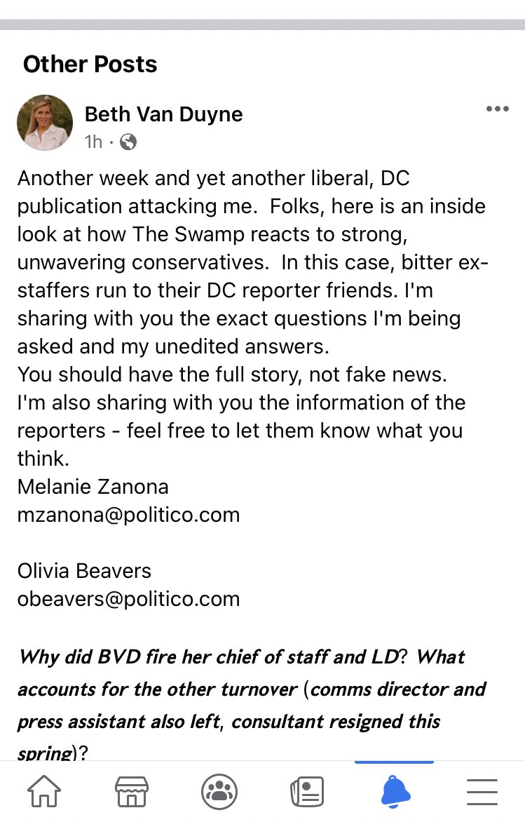 Folks, wild night Friday night Facebook posts from  #TX24 Rep. Beth Van Duyne (R) apparently in response to two Politico reporters asking about turmoil in her staff (1/)